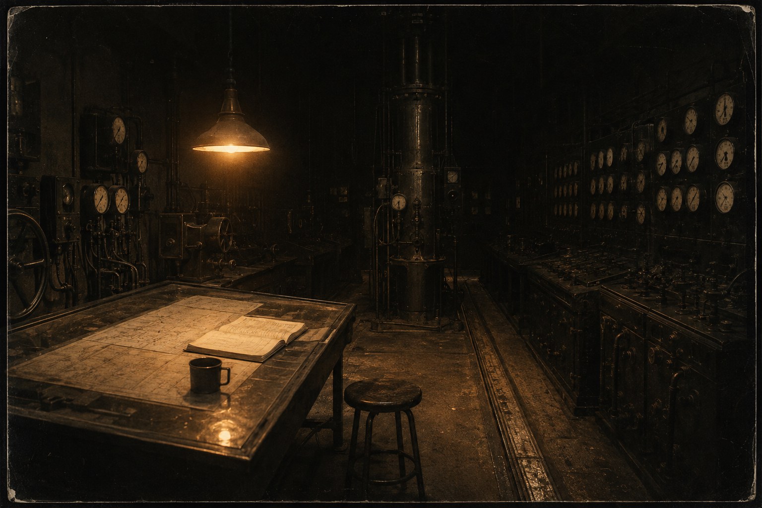 Plate — the instrument room in continuous operation. One work-lamp over a chart table, a stool pushed back, a logbook left open, banks of mechanical dials receding into shadow. Nobody is present.