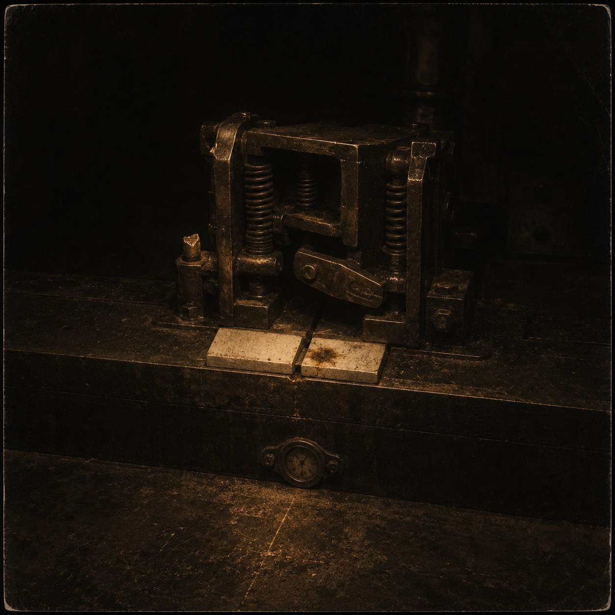 Plate — a spring-loaded press standing over two parted blanks, one scorched. Nothing is in progress. A small gauge sits below on the bench face.
