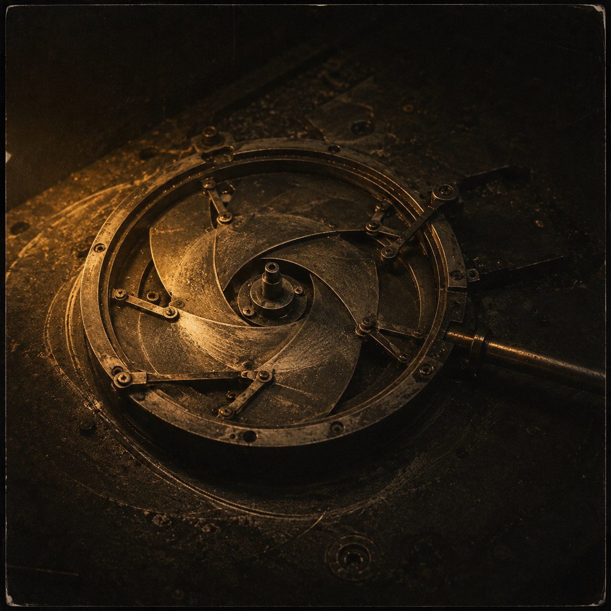 Plate — an iris mechanism seen from above, its linkage arms set to one position among the many its wear shows it has held.