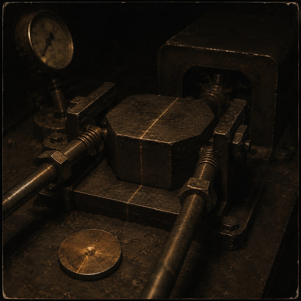 Plate — a hardened reference block held to a datum under a gauge, a brass reference disc resting beside it. The object everything else is checked against.