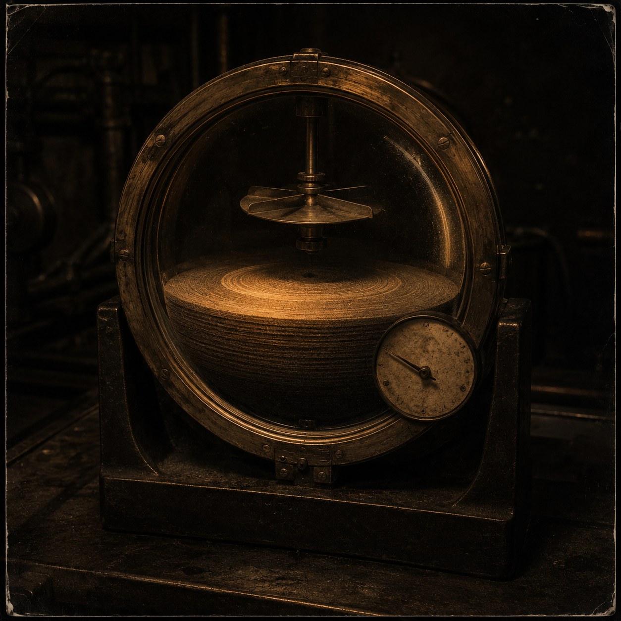Plate — a domed instrument holding a thick stack of accumulated layers beneath a still vane, with one dial. Nothing is running.