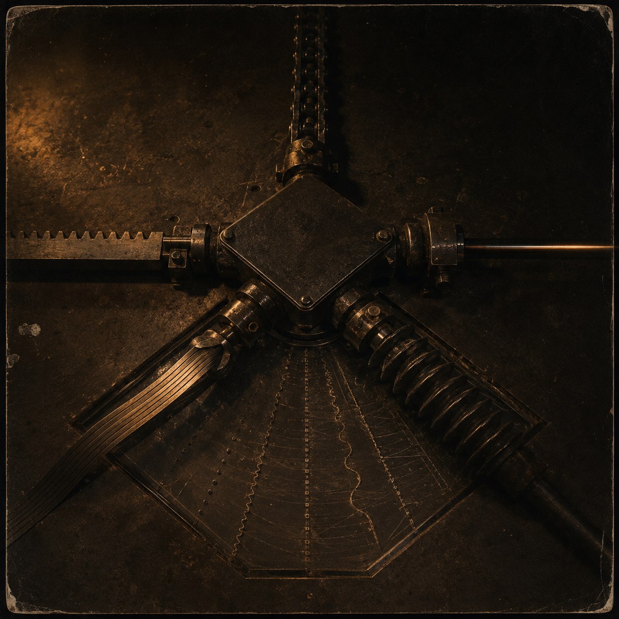 Plate — a chain drive, a toothed rack, a shaft and two springs all converging on a single central junction above a fan-shaped chart of plotted traces.