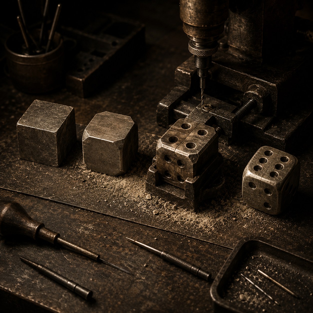 Plate I — four die bodies on a cutting bench in four stages: a raw blank, a chamfered blank, one held in the vise under the drill, and one finished die.