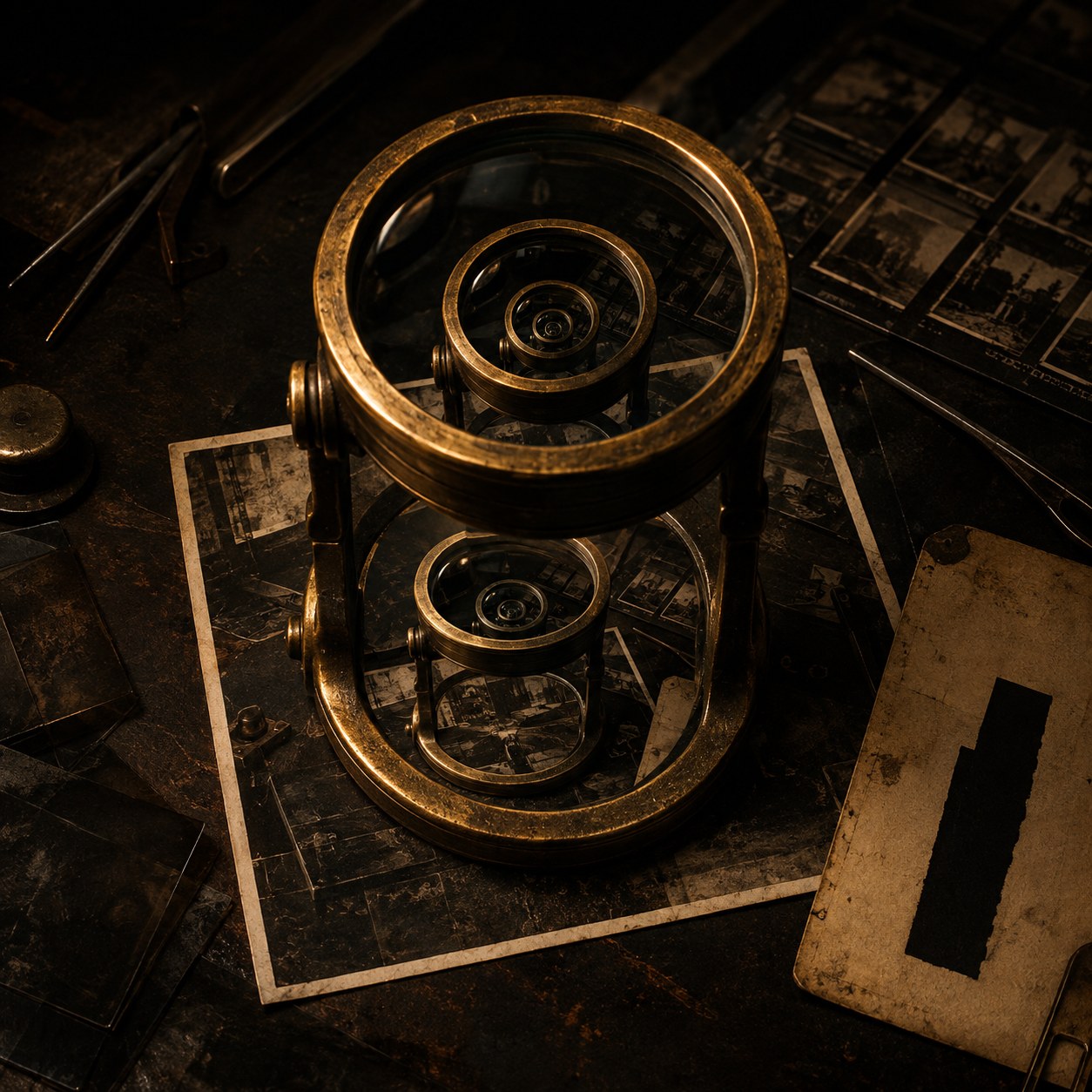 Plate I — a brass inspection loupe standing on an evidence print, the print containing the same loupe, receding. Glass negatives and a card carrying a redaction bar lie around it.